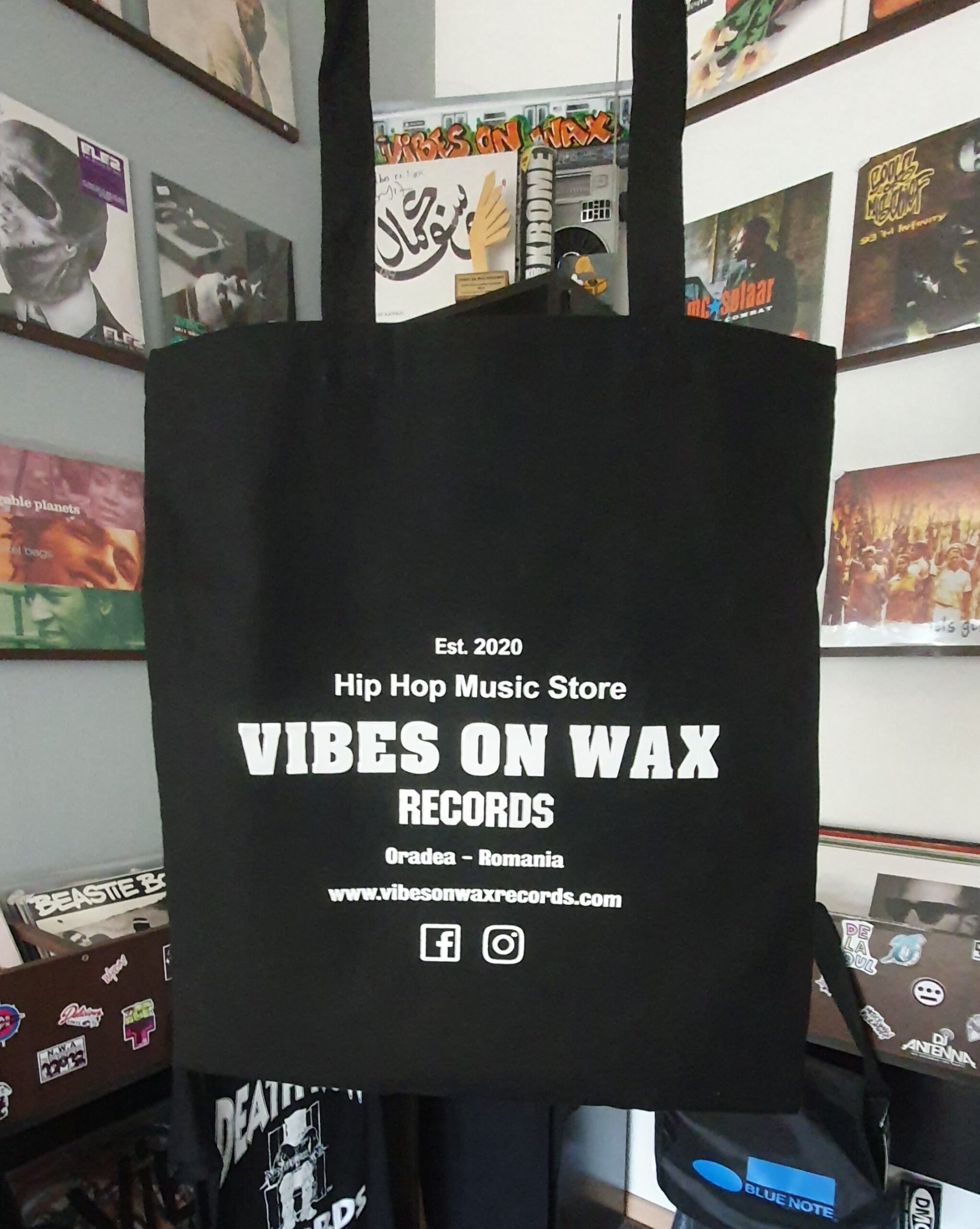 Vibes On Wax Records Black Cotton Tote Bag